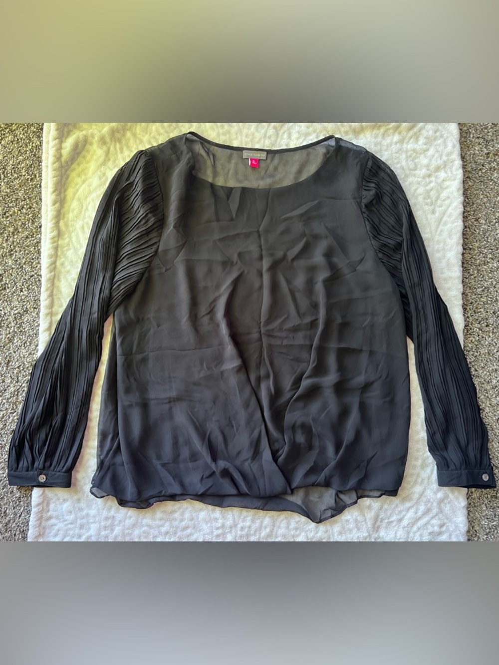 Vince Camuto Elegant Black Scoop Neck Sheer Blouse With Pleated Sleeves |Size XL - Picture 2 of 8